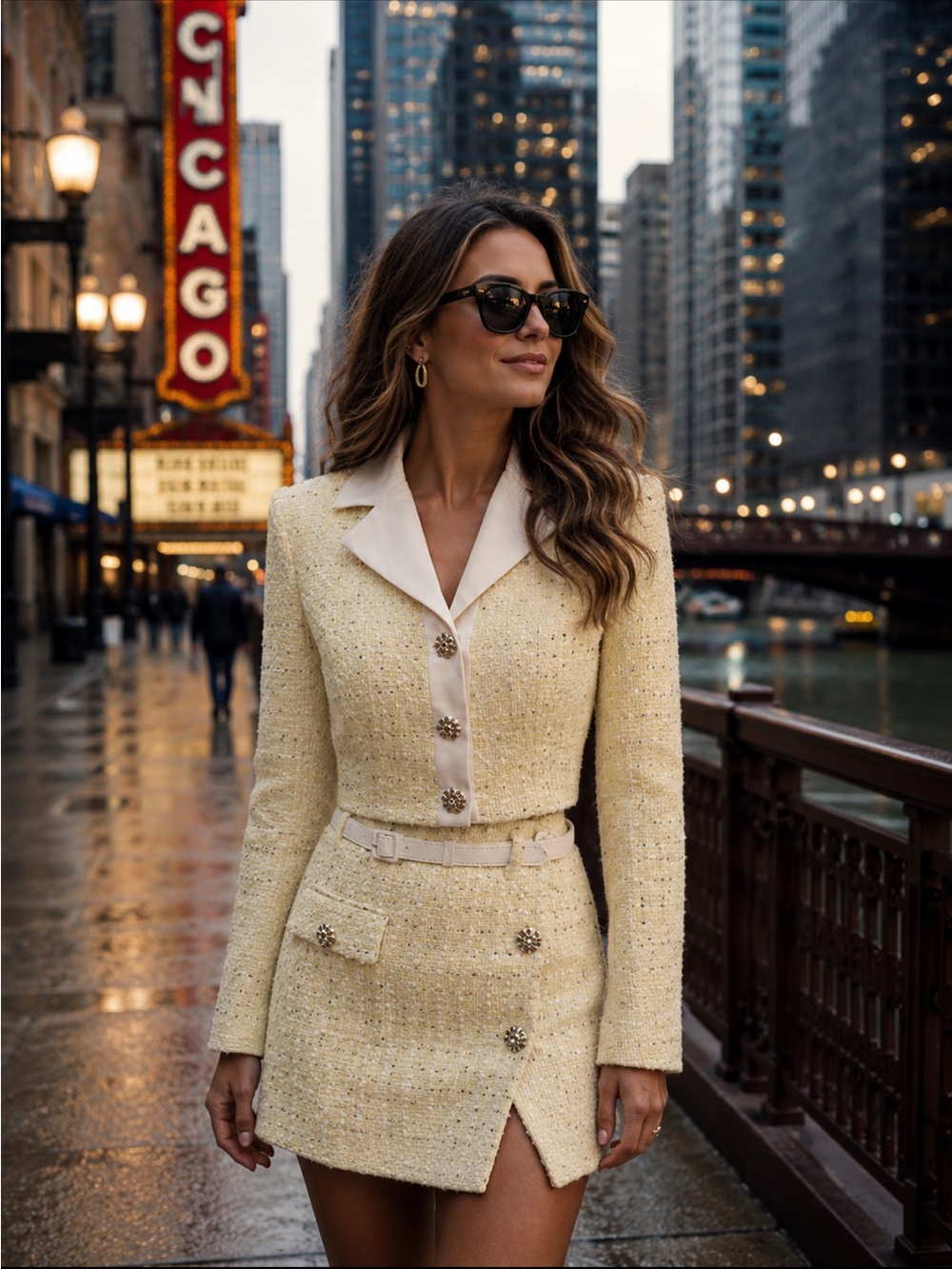 Self Portrait Tailored Cream Tweed Blazer & skirt with Belt SET OF 2